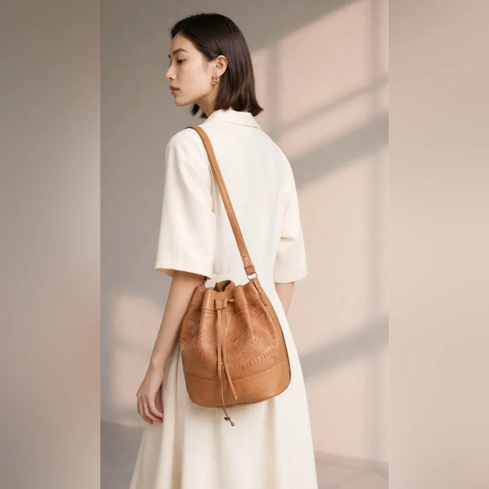 Tan Leather Bucket Bag with Embossed Detail